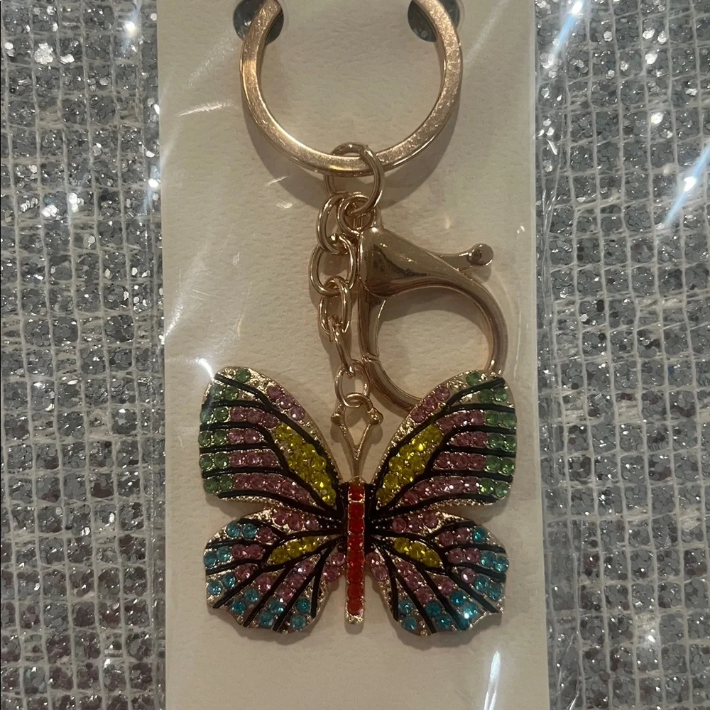 Multicolor Crystal Butterfly Keyring with Gold Hardware